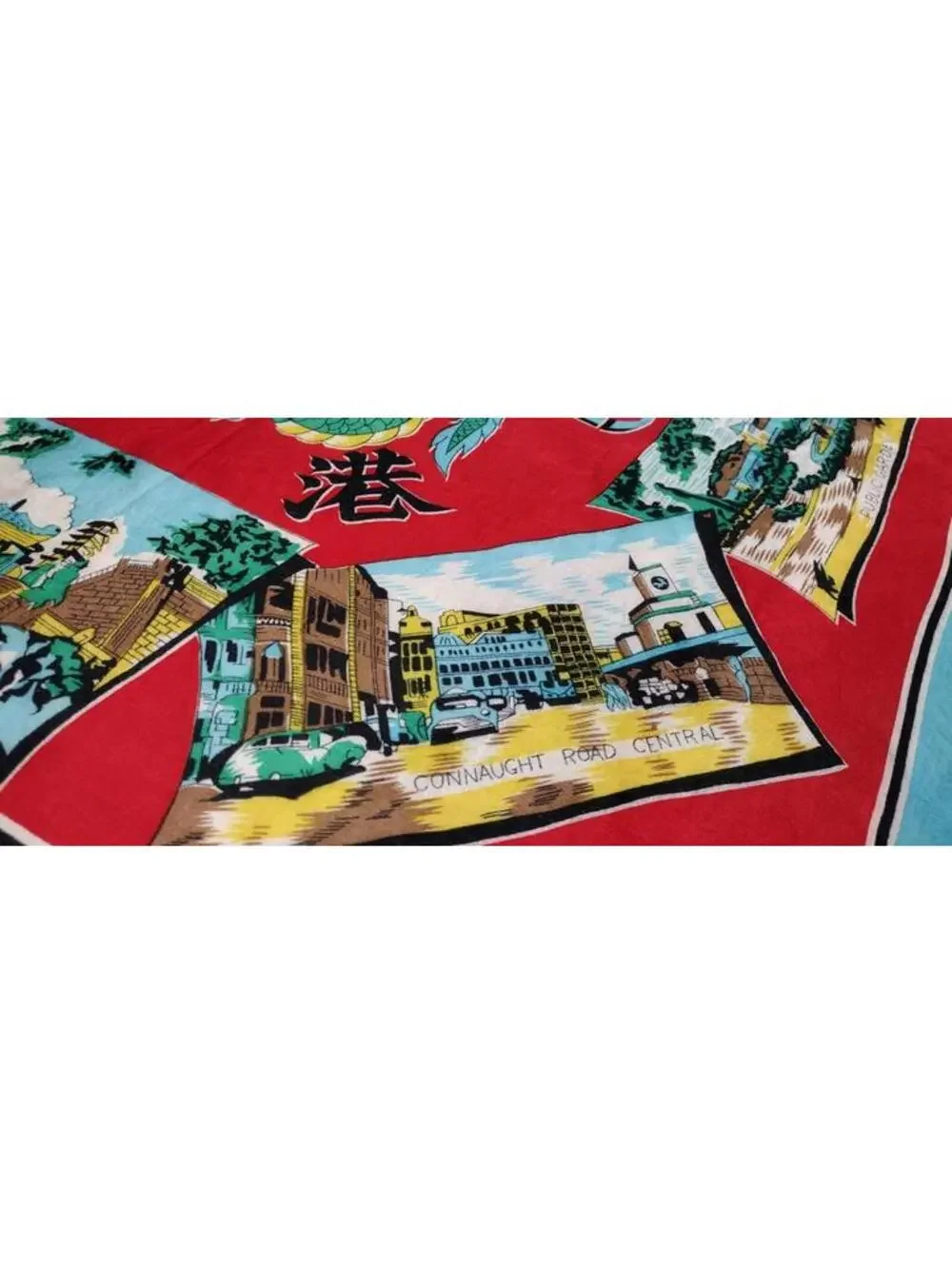 Vintage 1940s 50s Green Dragon Scarf HONG KONG Bably Blue Chinese Red Landscapes